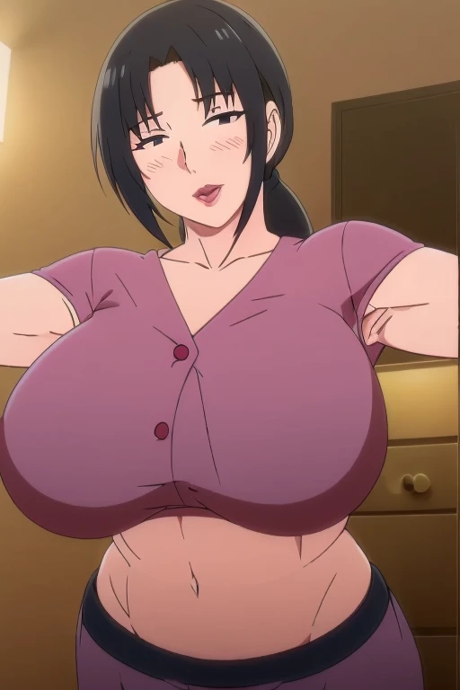cute, blush, shy, score_9, score_8_up, source_anime BREAK solo, looking at viewer,, violaop, brown eyes, black hair, long hair, hair slicked back, earrings, hair flower, polka dot dress, sleeveless dress, frilled dress, jewelry, large breasts,room, crazy smile, upper body, dress lift, big breasts, nipples, navel, hand on own stomach, closed eyes