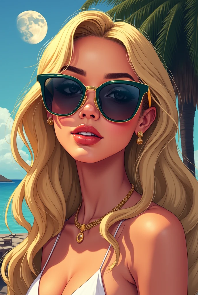 a close up of a woman in a red burkini and sunglasses, vector art by Mark Brooks, Artstation, digital art, art gta 5 comics, style of gta v artworks, comics gta 5 cover, comic digital art, art gta 5 cover, margot robbie in gta v, gta v art, gta v loading screen art, realistic luxury red burkini, gta 5 artwork, gta art