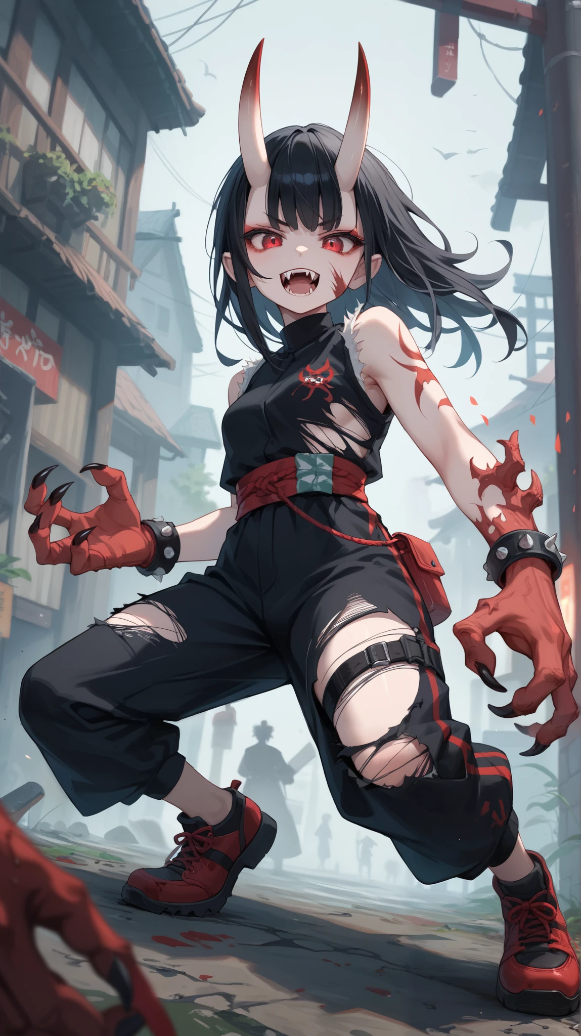Draw a full body.A terrifying female oni with a pale face hidden by wild, black hair, featuring sharply slanted, bloodshot red eyes and a large, ripped mouth revealing sharp fangs. Long, black claws writhe, and she wears tattered clothes, emitting a foul, putrid odor.