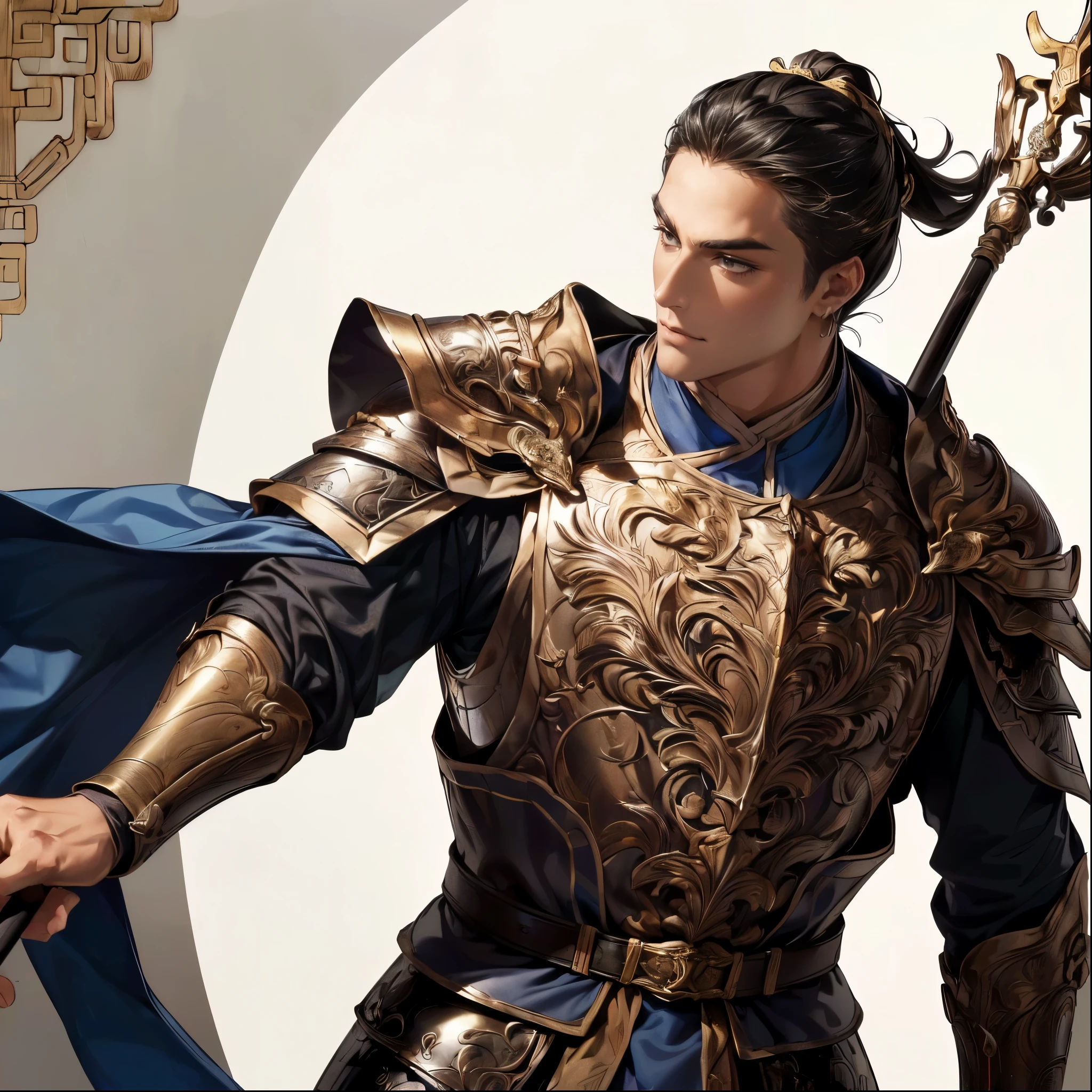 (top quality,4K,8k,high resolution,masterpiece:1.2),super detailed,(super fine illustration),(((A man in armor carrying a spear on his shoulder))),Age 30,Bad guy,tall,Xiaoyan,Perfectly symmetrical face,Extremely Sexy Man ,detailed eyes:1.3, perfect eyes,(( Attractive Dark Eyes :1.3)),((( Ancient Chinese Male Hairstyle :1.3,black hair))),((relaxed expression:1.2,Thin eyebrows, well-trained body)),cinematic lighting, soft shadows,((Ancient Chinese silver armor with engravings leading up to detailed works of art:1.3,A long, thick spear drawn in detail:1.3,Acrobatic pause:1.2)),((cowboy shot:1.2)),((white background:1.3,simple background:1.3)),(( standing:1.3,depicted so as not to be visible from the tip of the head:1.3,Distant view:1.2,45-degree side profile)