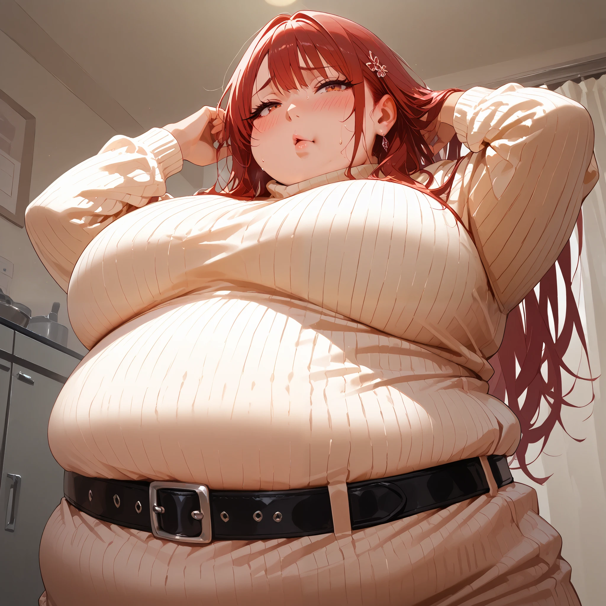 fat, large belly, standing, fat belly, very fat, large stomach, chubby,very fat, safe for work, obese, giant belly, fat, huge, heavy, very fat, safe for work, fat, large belly, standing, grabbing belly, very fat, large stomach, chubby (best quality, masterpiece), Riruka Dokugamine, safe for work, obese, giant belly, fat, huge, heavy, very fat, safe for work, fat, large belly, standing, grabbing belly, very fat, large stomach, chubby (best quality, masterpiece), Christmas, wearing sweater, eating, sitting down, table full of food, cookies, eating cookies, very fat, Christmas season, Christmas time, Christmas season, holidays, Christmas sweater, twin tails