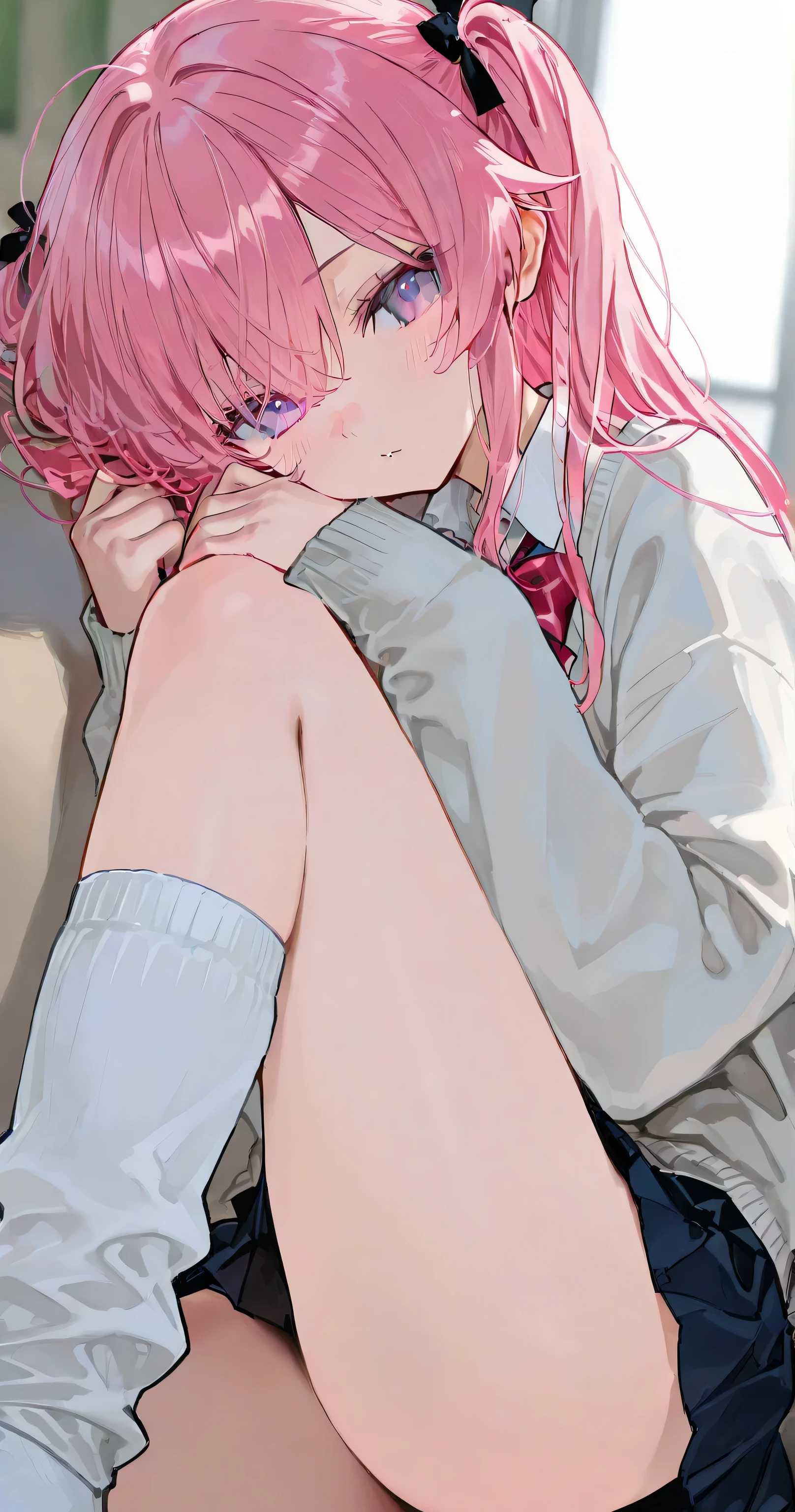 A girl with straight and messy pink hair, with a black skirt, a white button-down shirt, a black tie, some fishnet stockings, some white tennis shoes and with a submissive and shy look