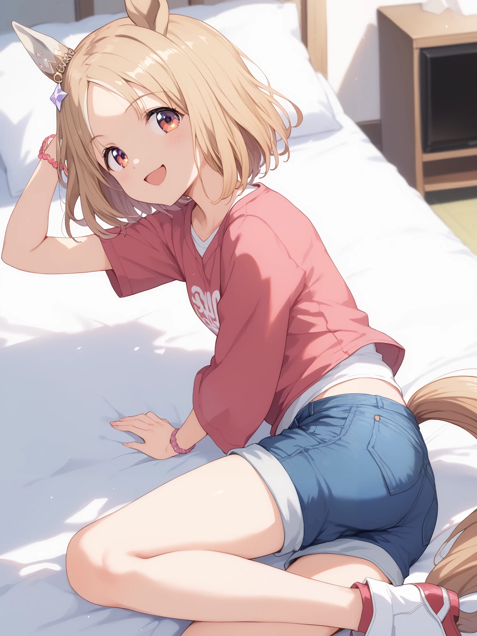 Narita, horse tail, short hair, animal ears, ear ornament, ear covers, single ear cover,1 girl, Alone, anime style,cute girl,Best Quality, super detailed, anime style,8k, high resolution, detailed face, Character's Upgraded Image,(rooms in Japan),((Sitting on a white bed with one leg standing)),((Black short-sleeved shirt)),(( blue denim shorts)),(smile gently),(I'm dyeing my cheeks a little red),顔を少し傾ける,looking here,Above the knee images,((Smooth Thighs)),An upshot image of a larger thigh,Viewed from diagonally,