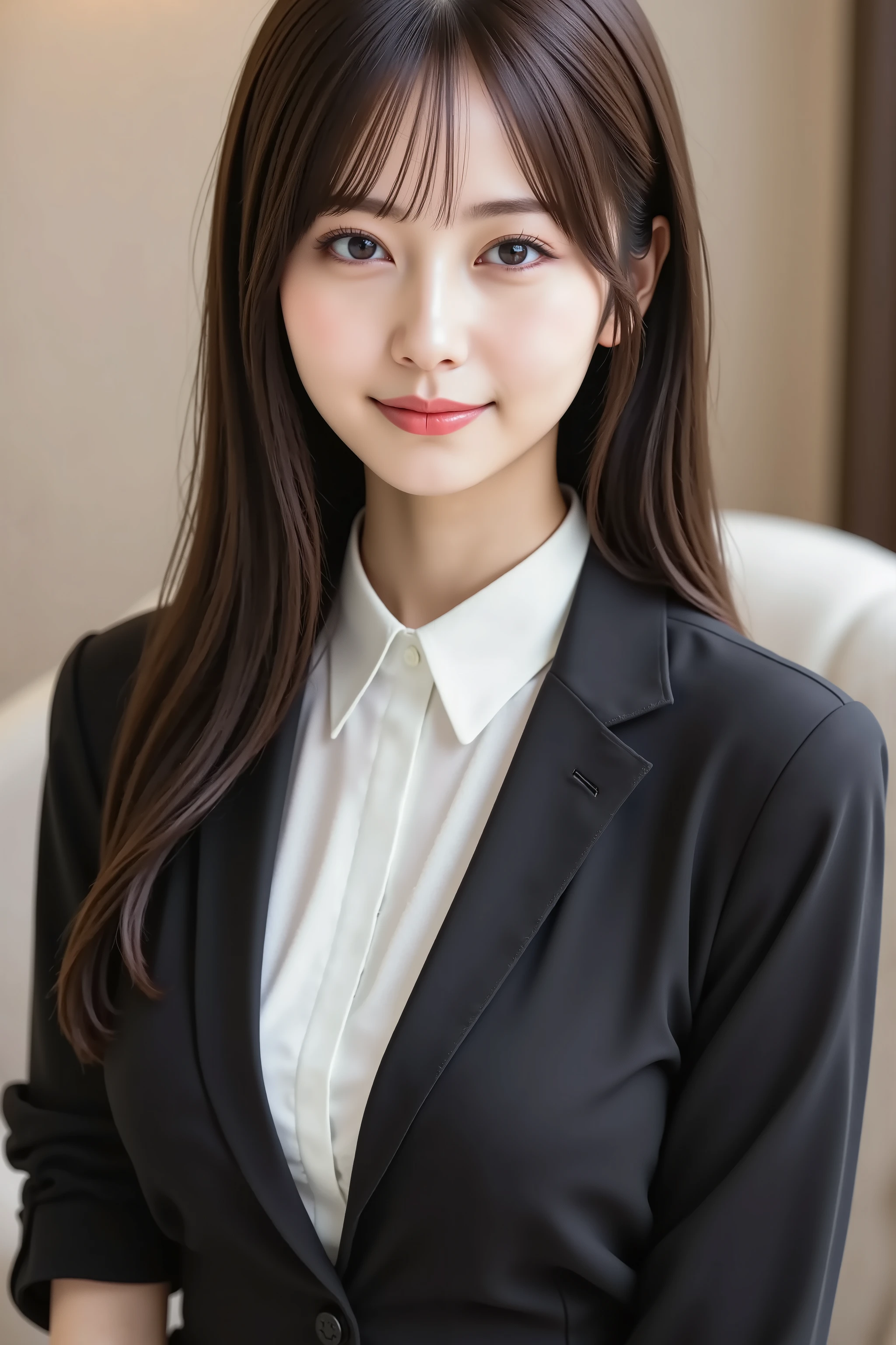 masterpiece, fine, clean skin、black suit with blouse, sofa background、long hair, Bangs, smile, 8k