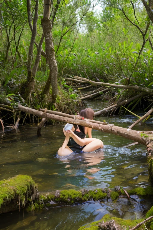 Beverly crusher (age 40, bikini, bare foot, spear, horny, lewd poses) is out spear fishing in a little stream in a nice wooded area