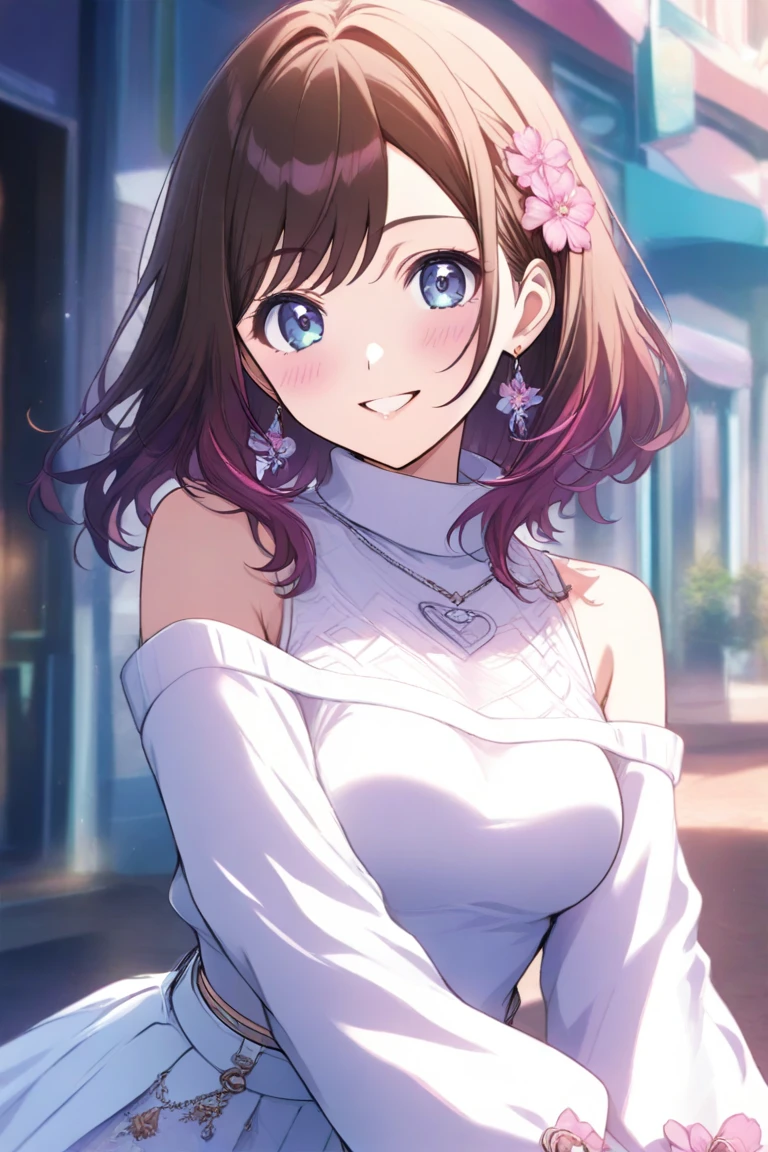 Brown hair, bob hair, purple eyes, white dress, white jacket, wink, long eyelashes, soap bubbles in background, sky, smiling, adult woman, beautiful woman