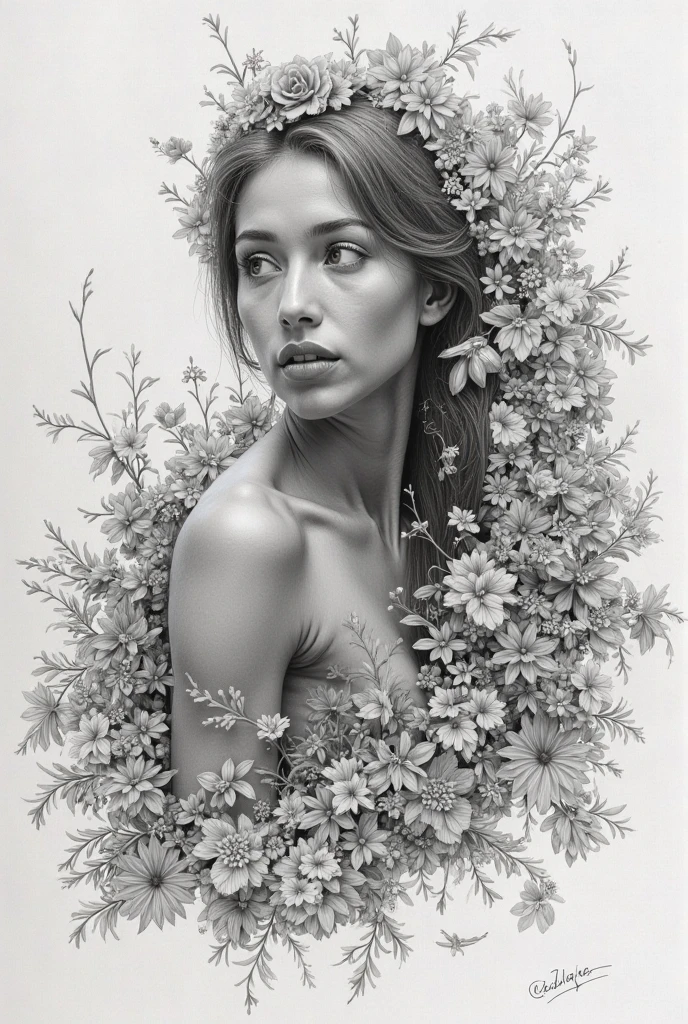 I want a black and white image of a woman surrounded by butterflies, mushrooms and flowers, The woman should not have defined features, We are the body that the curvy, The woman is naked but her parts cannot be seen since they are covered by what surrounds her., The woman is lying down
