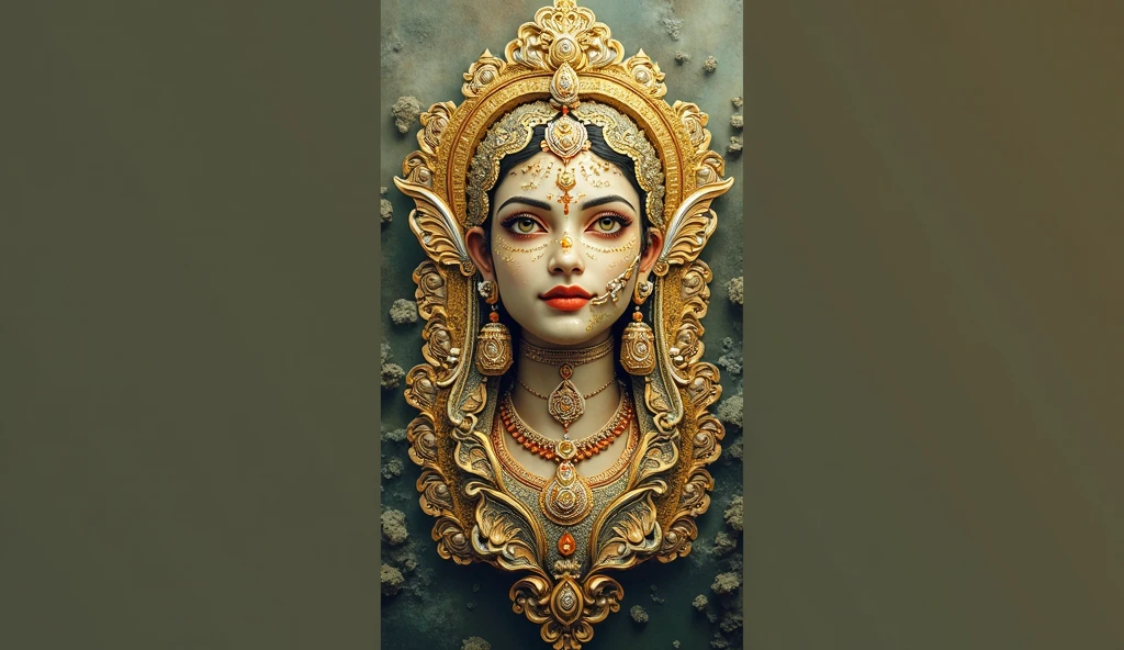 Logo type close up 3d sculpture of Hindu goddess Durga of Kolkata, face made by pure mud, shadow image, 8k,t-shirt design, logo type, pastel style,pure black background , color particles effects, broken, large open engry eyes, semi side view