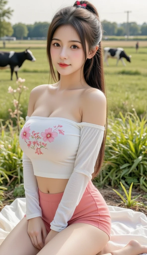 (master piece:1.5)、(8K high quality)、(Highest image quality)、(Photographed by a professional photographer)、(very bright pictures)、(large, clear eyes)、long eyelashes、、ultimate face、realistic light on face、distinct facial featureilky white skin、realistic skin details）、best portrait、(Shooting from a distance:1.5)、one girl、cute、beautiful detailed eyes、beautiful detailed nose、（Beautiful face with double eyelids）、（ full body image)、30 years old、(beauty 1.2)、slender、(Wearing a T-shirt:1.2)、straight long hair、Lame around the eyes、lipstick、earrings、((The color of the t-shirt is black))、very beautiful legs、(((On a bench in the flower park)))、((smile at the audience))、((Shooting angle from the front))、eye contact with the audience)、(sitting)、Very beautiful figure, (Wearing pink pleated skirt), , big breasts, 超big breasts, ((T-shirt length is very short, I can see your underboob, I like showing my underboob to the viewers., under boob)), sitting, (The lower half of the breasts are exposed, )