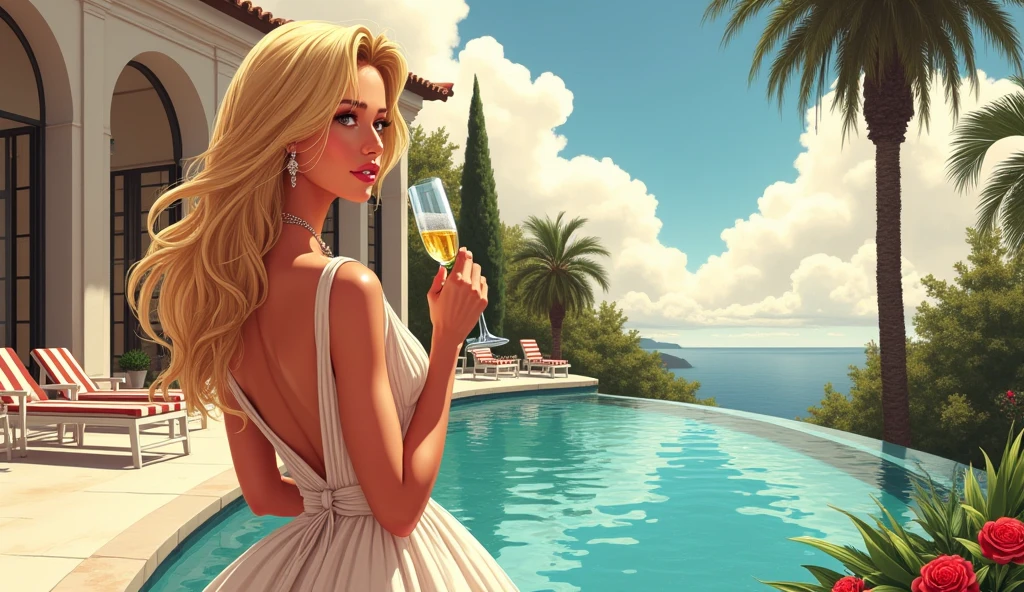 sexy blonde, 30 years old, top figure, wearing a sexy summer dress, holding a summer drink, relaxing by the pool, gta painted image, GTA style, beautiful painted image