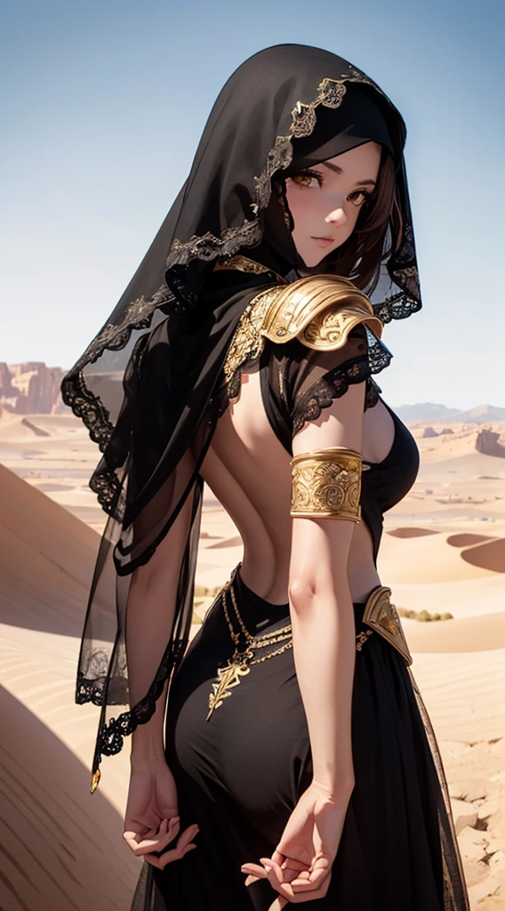 ((aeolian)), 1 girl, ((young)), beautiful face, Princess, long hair, black hair, slim body, long legs, shiny skin, bare feet, full body view, desert landscape, smiling, view from behind, looking at camera