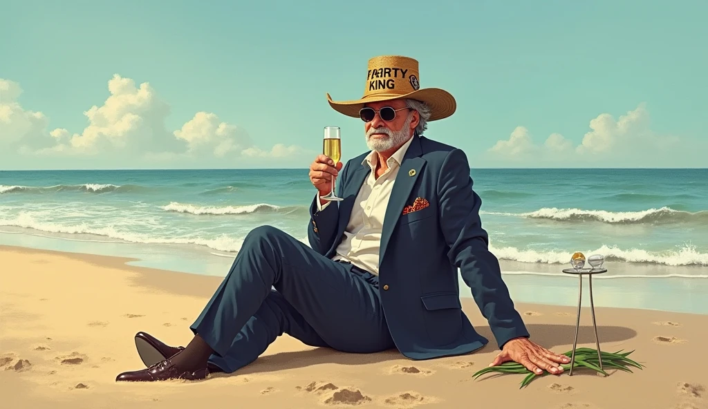 The background is the sunset, and a handsome, old, dandy man is relaxing and smoking a cigarette.