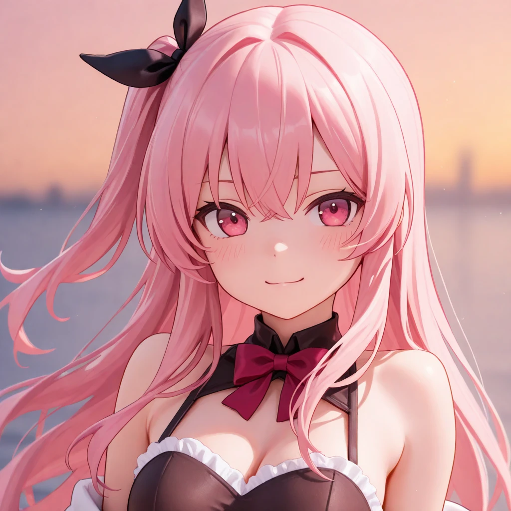 masterpiece, highest quality, Very detailed, High resolution, Expensive resolution, High resolution, 4K, 8k, unity 8k wallpaper, Very detailed CG, masterpiece, Realistic、 Beautiful details, depth, Fine texture, highest quality: 1.3, Total concentration, Crisp skin, he, Very cute anime, Cute like an idol, expensive pink long hair, One Girl, Aloha One Piece, morning, morning食, Hibiscus Hair Accessories, Smiling long pink hair, whole body, Mole under eye, Line Sight, expensive, blush, Lips parted, heart, Pink Eyes, choker