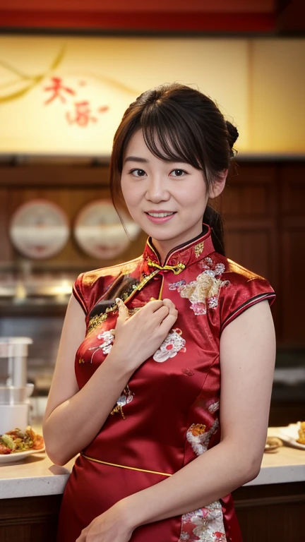 Beautiful mature older curvy ((granny)), large breasts detailed nipples, wide hips, narrow waist, ((magenta Cheongsam))), ((Chinese traditional dress)), (qipao), one-piece dress, black hair, updo hair, ((highly detailed pubic area, pelvis, lady genitals, and very fine highly detailed pubic hair)), (((very sweet smile))), looking at the viewers, (Lift the the skirt, Lift the skirt with both hands, Lift the skirt yourself), ((of the highest quality, masterpiece: 1.3)), Light on Face, (hyperdetailed middle-aged face, wrinkles, very detailed lips, Detailed eyes, Realistic pupils), HongKong restaurant, in love