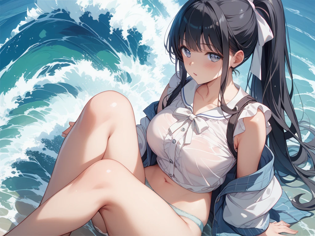 highest quality、High resolution、detailed background、Super detailed、beautiful and detailed face、beautiful and smooth skin、skin texture、professional lighting、Beautiful age girl、(huge breasts:1.1)、black hair ponytail、sexy sailor suit、Wet白い薄いセーラー服、Wet白い薄いプリーツのミニスカート、Thin white knee high socks、sleeveless、emphasize the chest、underboob、legs open、panty shot、cute、Raise your arms and show your sides、Thin white panties、lying on the beach、
全身がWet、My clothes are Wet and transparent、Wet、soak in water、See through、
Look at me happily with a sexual expression、panty shot、camel toe