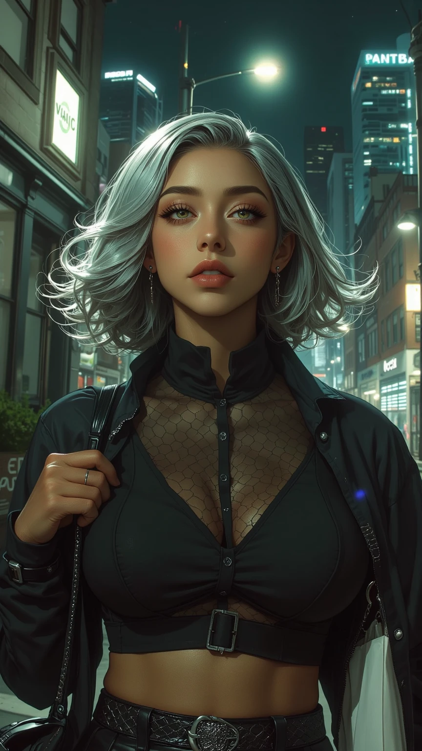 (Woman walking through the streets of New York),Photorealistic, High resolution, 1 Women, solo, hips up high, Beautiful eyes, Close lips, Detailed face, White hair, Long hair, Collared shirt, black necktie,Black skirt, pencil skirts, Black stockings,(career woman)