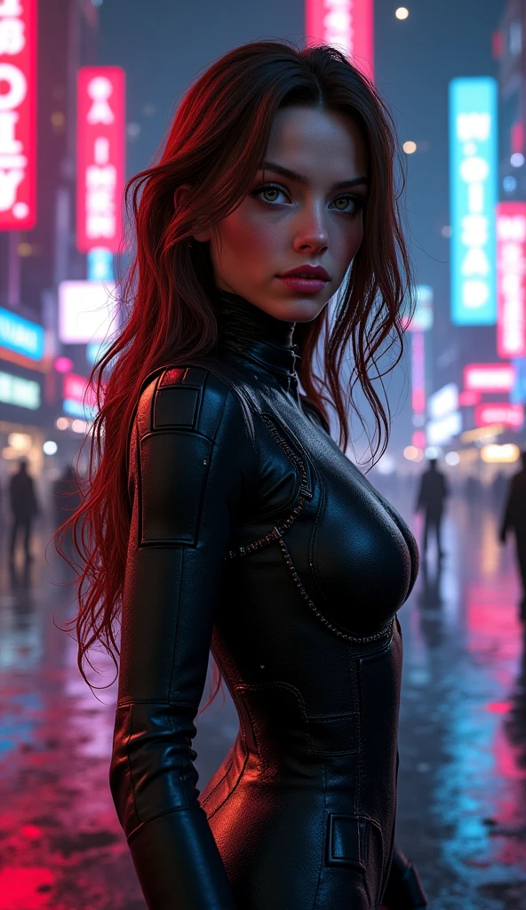 Perfect photography Cyberpunk girl with long brown lush hair in black ...