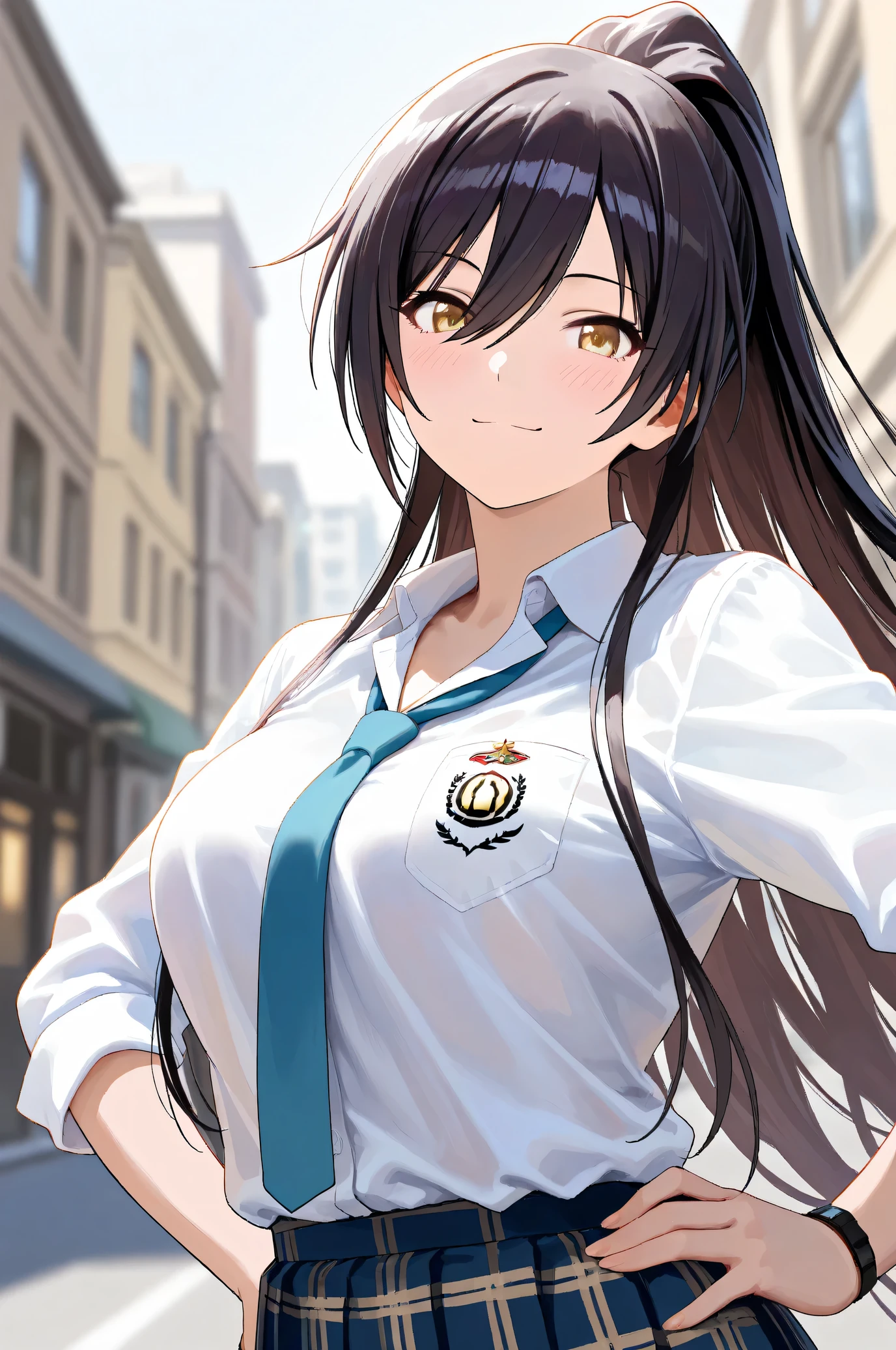 (Masterpiece:1.2), (Highest quality:1.1), (Very detailed),
(The best shape), (Best shadow), (Absurd),
(Detailed Background), (So beautiful), Shiny,
Beautiful eyes in every detail, Extraordinary, Countershading, 8k, 32K, High resolution,
Very Detailed CG, UHD,
Score_9, Score_8_up, Score_7_up, Source_anime,
(Pastel painting:1.2), (Watercolor painting:1.2),
(Masterpiece, Detailed:1.2), (Foreshortening:1.4),
Cinematic, Dramatic, (Depth of field:1.4),
(Blurry background:1.4), (Realistic background:1.4),
1 girl, Solo, Dynamic angle, from below,
Japan, Big city, Outdoor, Street, Wind,
Shirase Sakuya,
The idolmaster shiny colors,
srssky, very long hair, black hair, high ponytail, bangs, hair between eyes, yellow eyes, (large breasts:0.5),
School uniform,
Shirt, Collared shirt, White shirt, Light blue tie,
(Shirt hem out:1.1, DogTag,
(Blush:1.3),
Portrait, Focus on face, Smile,
Standing, Put one left hand on hips,
Realistic skin, Shiny skin,