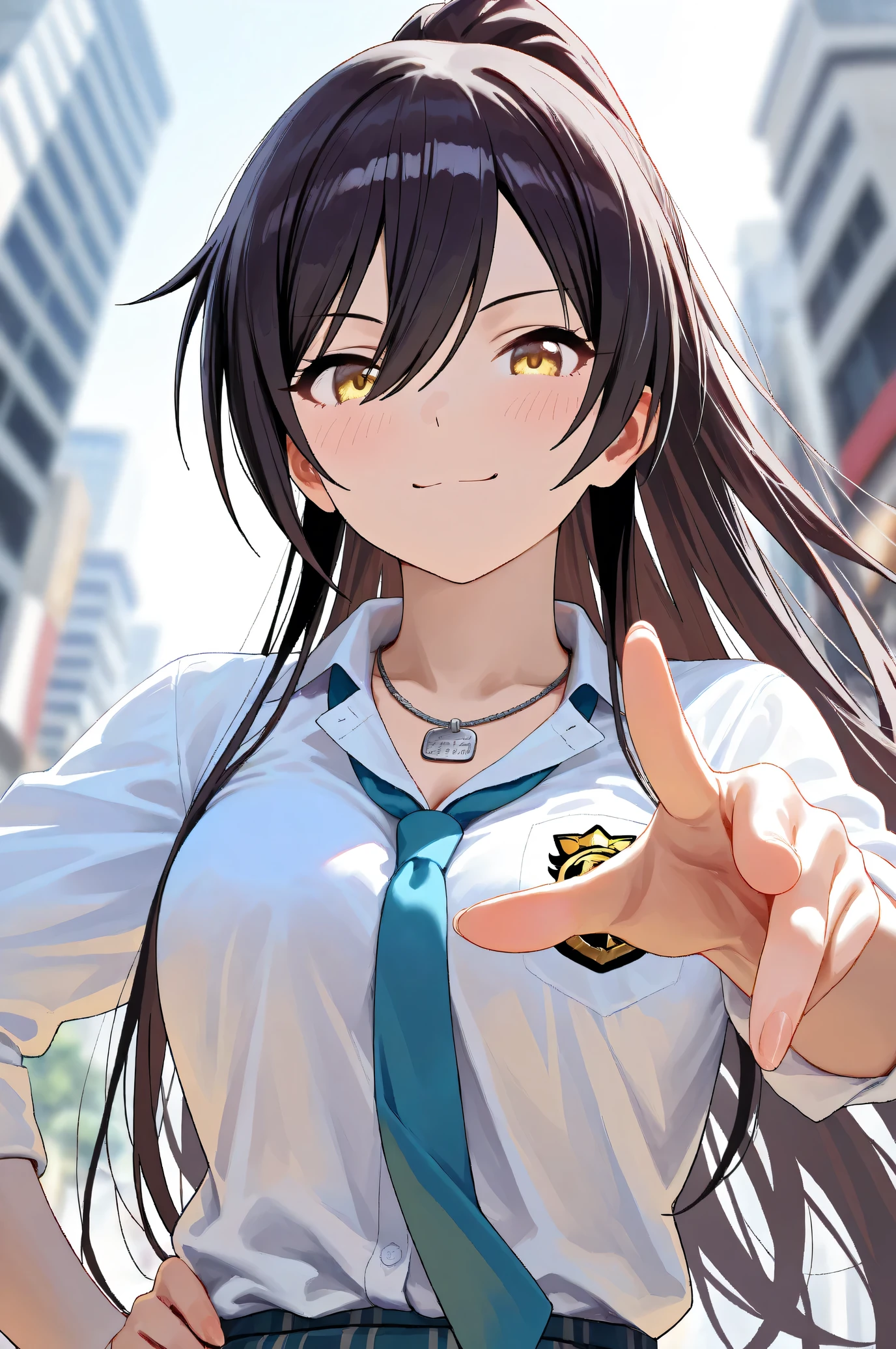 (Masterpiece:1.2), (Highest quality:1.1), (Very detailed),
(The best shape), (Best shadow), (Absurd),
(Detailed Background), (So beautiful), Shiny,
Beautiful eyes in every detail, Extraordinary, Countershading, 8k, 32K, High resolution,
Very Detailed CG, UHD,
Score_9, Score_8_up, Score_7_up, Source_anime,
(Pastel painting:1.2), (Watercolor painting:1.2),
(Masterpiece, Detailed:1.2), (Foreshortening:1.4),
Cinematic, Dramatic, (Depth of field:1.4),
(Blurry background:1.4), (Realistic background:1.4),
1 girl, Solo, Dynamic angle, from below,
Japan, Big city, Outdoor, Street, Wind,
Shirase Sakuya,
The idolmaster shiny colors,
srssky, very long hair, black hair, high ponytail, bangs, hair between eyes, yellow eyes, (large breasts:0.5),
School uniform,
Shirt, Collared shirt, White shirt, Light blue tie,
(Shirt hem out:1.1, DogTag,
(Blush:1.3),
Portrait, Focus on face, Smile,
Standing, Put one left hand on hips,
Realistic skin, Shiny skin,