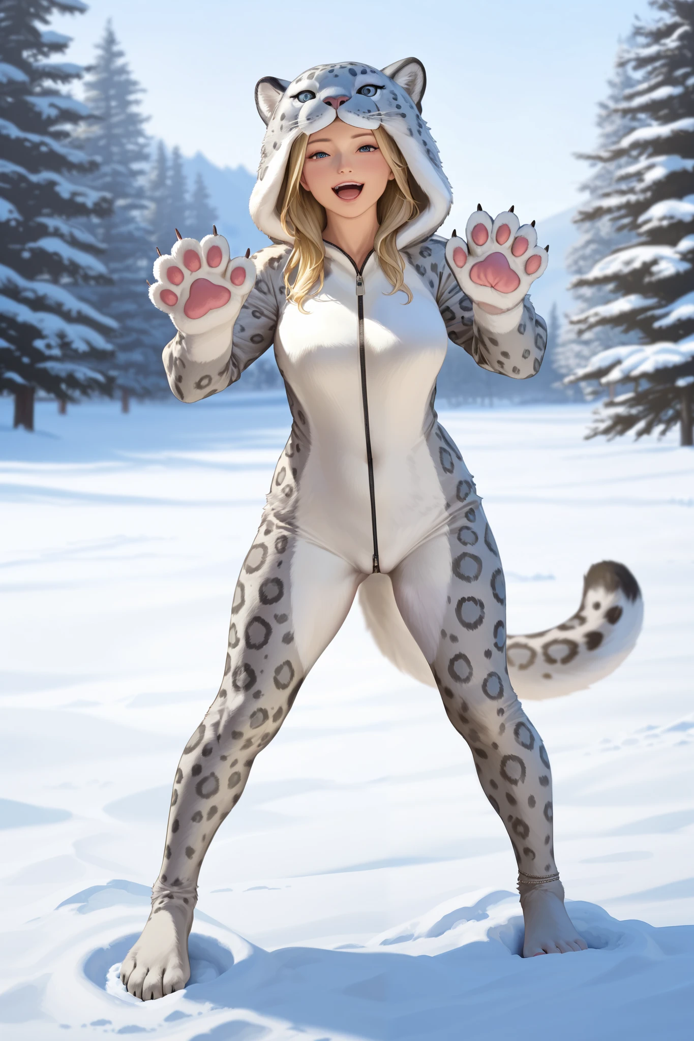 full body depiction of a naked 23 year old blonde woman inside a snow leopard fursuit. ((human face)). she opens the front zipper and exposes her vagina. high detail. photorealistic look, 8k.