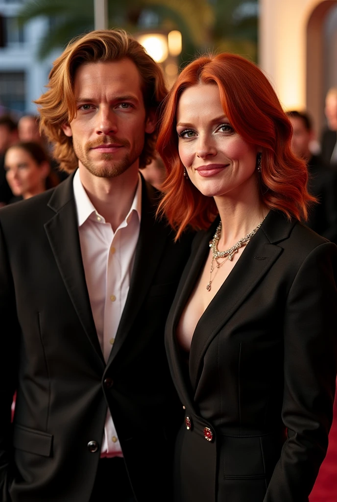 a handsome 30-year-old man, beautiful redhead woman with big breasts, elegant black dress, dark elegant room, birthday cake with lit candles, chiaroscuro lighting, cinematic camera angle, photorealistic, high quality, realistic, dramatic, fine details