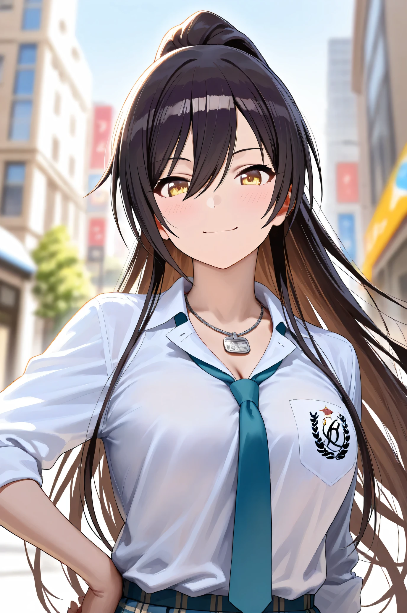 (Masterpiece:1.2), (Highest quality:1.1), (Very detailed),
(The best shape), (Best shadow), (Absurd),
(Detailed Background), (So beautiful), Shiny,
Beautiful eyes in every detail, Extraordinary, Countershading, 8k, 32K, High resolution,
Very Detailed CG, UHD,
Score_9, Score_8_up, Score_7_up, Source_anime,
(Pastel painting:1.2), (Watercolor painting:1.2),
(Masterpiece, Detailed:1.2), (Foreshortening:1.4),
Cinematic, Dramatic, (Depth of field:1.4),
(Blurry background:1.4), (Realistic background:1.4),
1 girl, Solo, Dynamic angle, from below,
Japan, Big city, Outdoor, Street, Wind,
Shirase Sakuya,
The idolmaster shiny colors,
srssky, very long hair, black hair, high ponytail, bangs, hair between eyes, yellow eyes, (large breasts:0.5),
School uniform,
Shirt, Collared shirt, White shirt, Light blue tie,
(Shirt hem out:1.1, DogTag,
(Blush:1.3),
Portrait, Focus on face, Smile,
Standing, Put one left hand on hips,
Realistic skin, Shiny skin,
