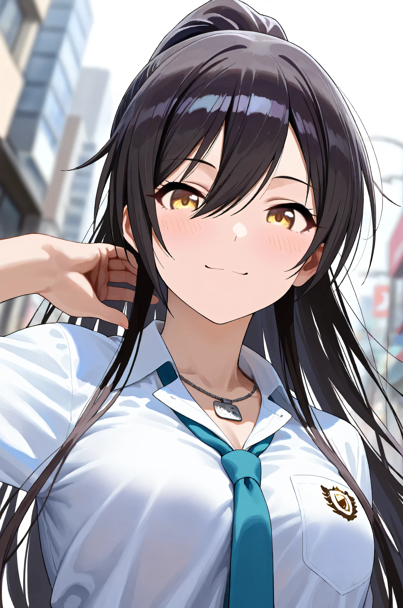 (Masterpiece:1.2), (Highest quality:1.1), (Very detailed),
(The best shape), (Best shadow), (Absurd),
(Detailed Background), (So beautiful), Shiny,
Beautiful eyes in every detail, Extraordinary, Countershading, 8k, 32K, High resolution,
Very Detailed CG, UHD,
Score_9, Score_8_up, Score_7_up, Source_anime,
(Pastel painting:1.2), (Watercolor painting:1.2),
(Masterpiece, Detailed:1.2), (Foreshortening:1.4),
Cinematic, Dramatic, (Depth of field:1.4),
(Blurry background:1.4), (Realistic background:1.4),
1 girl, Solo, Dynamic angle, from below,
Japan, Big city, Outdoor, Street, Wind,
Shirase Sakuya,
The idolmaster shiny colors,
srssky, very long hair, black hair, high ponytail, bangs, hair between eyes, yellow eyes, (large breasts:0.5),
School uniform,
Shirt, Collared shirt, White shirt, Light blue tie,
(Shirt hem out:1.1, DogTag,
(Blush:1.3),
Portrait, Focus on face, Smile,
Standing, Put one left hand on hips,
Realistic skin, Shiny skin,