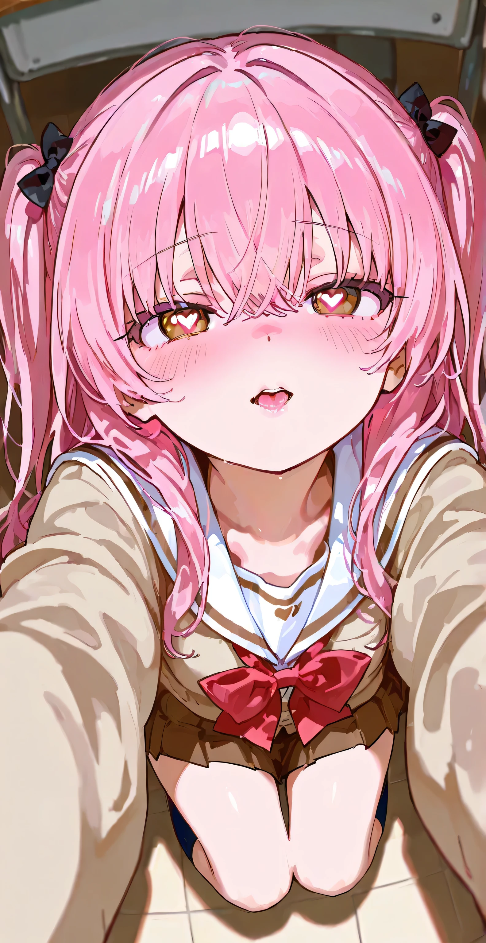 Mesugaki, girl, pink hair, two side up, long hair, Waiting for a hug, spread her arms, waiting for a kiss, heart shaped pupils, look up, from above:0.6,