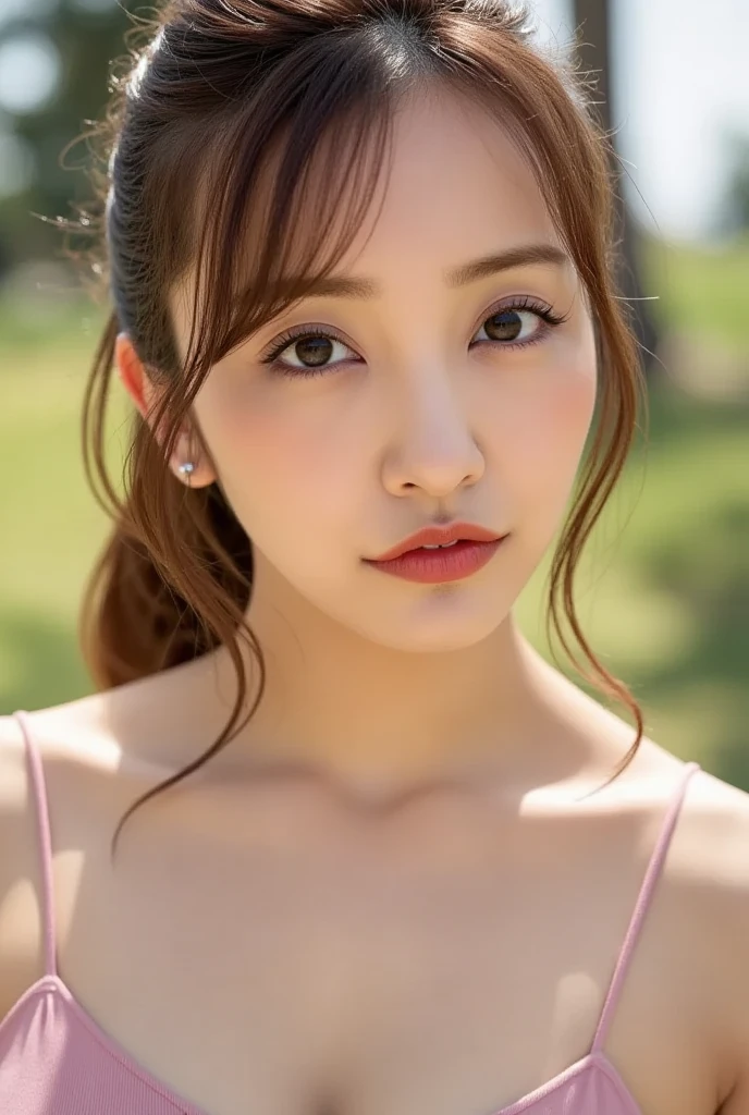 Best quality, 8k, ,Masterpiece :1.3)), facing viewer,((full body1.2)) ,pretty woman, wide shot ,1girl, , selfie , ,, Fountain , brown hair , bangs,ultra-detailed face, highly detailed lips, detailed eyes, double eyelid