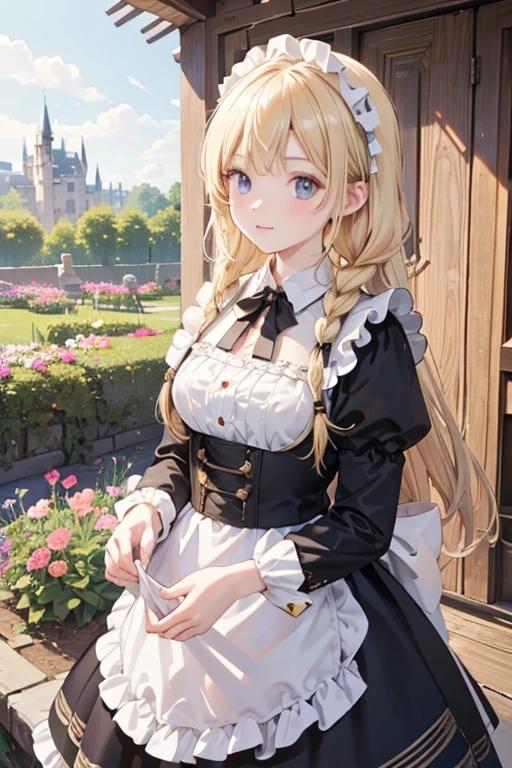 masterpiece,best quality,1girl,blonde hair,blue eyes,bangs,maid,garden,floating hair,steampunk,