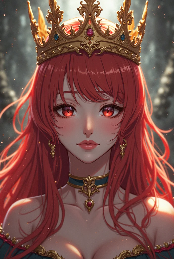 a goddess in a red gown, long hair with a crown, necklaces, earings, bracelets, detailed detail,
