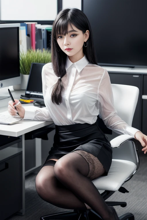 Classy upper-class elite secretary in business shirt working in an office, Wearing a strict business suit, Wearing Beautiful pantyhose, Wear high-end high heels, Girl in a shirt, Wearing a business suit, Wearing a business suit, in a business suit, businesswoman, business clothes, wearing black business suit, Wear shirts and skirts, Woman in business suit, Business attire, business outfit, no bra, detailed nipples standing, Sit Pose, sit in a chair, squatting legs, spread legs, showing panties, detailed pussy line, detailed cameltoe, armpits, Slim glamorous toned curvy figure, the breasts, Raw photo, (8k, top-quality, masterpiece:1.2), (intricate detailes:1.4), (Photorealsitic:1.4), octane renderings, Complex 3D rendering ultra detail, Studio Soft Light, Rim Lights, vibrant detail, super detailing, realistic skin textures, realistic clothes textures, incomparably peerless beauty and unrivaled cuteness Japanese idol girl face, (Lifelike face), Detail Face, Realistic eyes, Beautiful detail eyes, (realskin), Very detailed CG Unity 16k wallpaper, make - up, (detailedbackground:1.2), Exposed thighs!!!, full body shot.