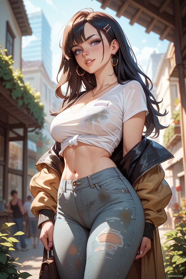 (masterpiece),(best quality), hair over right eye, looking at the viewer, thin body, dynamic poses, (medium breasts:1.3), young girl, 8k,(summer sunny day:1.3), (seductive body details:1.3), long dark purple hair, purple eyes, seductive light smile, shy, (skinny and slender legs), big eyes, (windy day:1.3), (high and sharp breasts:1.3), (realistic style), full body shot, (burn scar on the right side of the face:1.3), (burn scar on the right side of the body:1.3), (clear left side of the body:1.2), (megane:1.2), (slim waist), ((narrow hips)), perfect medium breast, curvy, denim seductive suit, naked jacket, thight microshorts, (crop thight jacket:1.2)