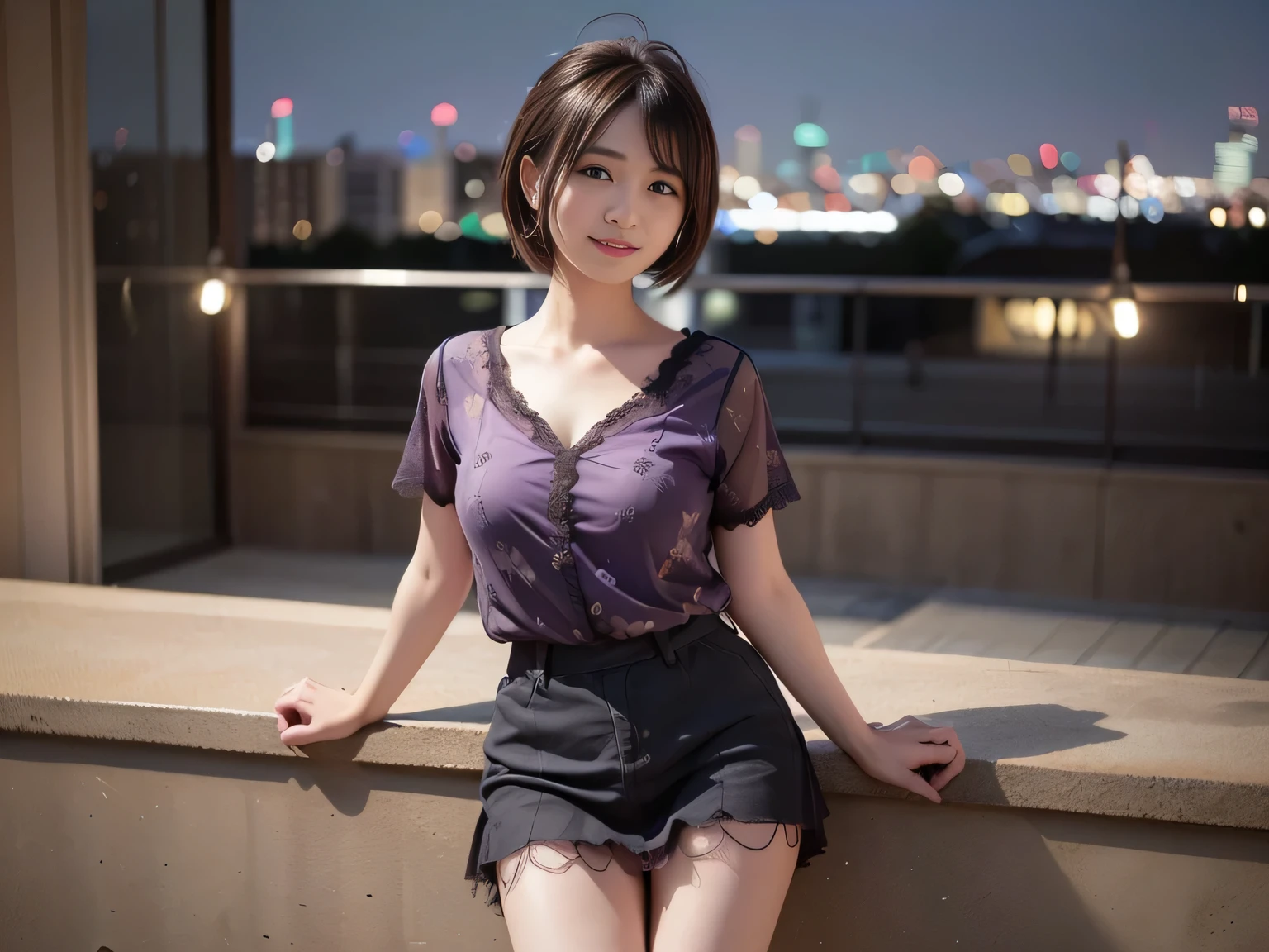 Highest quality, 8k, Tabletop, Realistic, Realistic, , (窓からはLate Nightの大都会の夜景、Ample breasts:1.2), Big Breasts, , , Abundant hips, Detailed face, Beautiful Face, , Beautiful woman,((Gray detailed eyes、Translucent skin texture、A shy smile、Fluffy hair、Light Brown Hair、Big city view from the window、Shaggy Cut、Floating Hair、、Cute Japanese Idols:1.4)). (、short hair、Floating Hair、Parted bangs、Bedroom、Sit on the bed、Place your hands on your feet、Late Night、indirect lighting、Ample breasts、Looking into the camera:1.2))
