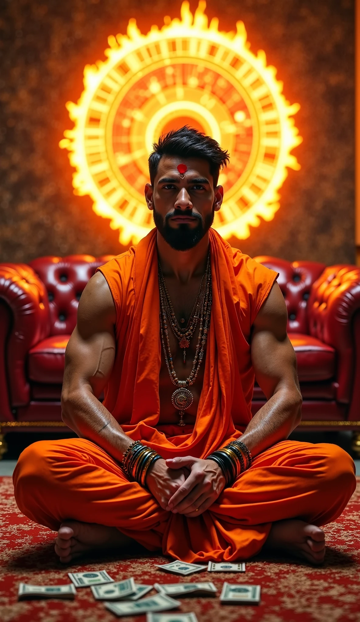 A y indian (hindu) man, wearing( relegious cloths), (perfect penhomoerotextremely gorgeous face, ,masterpiece, ,fire rituals ,(tantra),swastik.,focus on the man more,bookeh ,praying beads