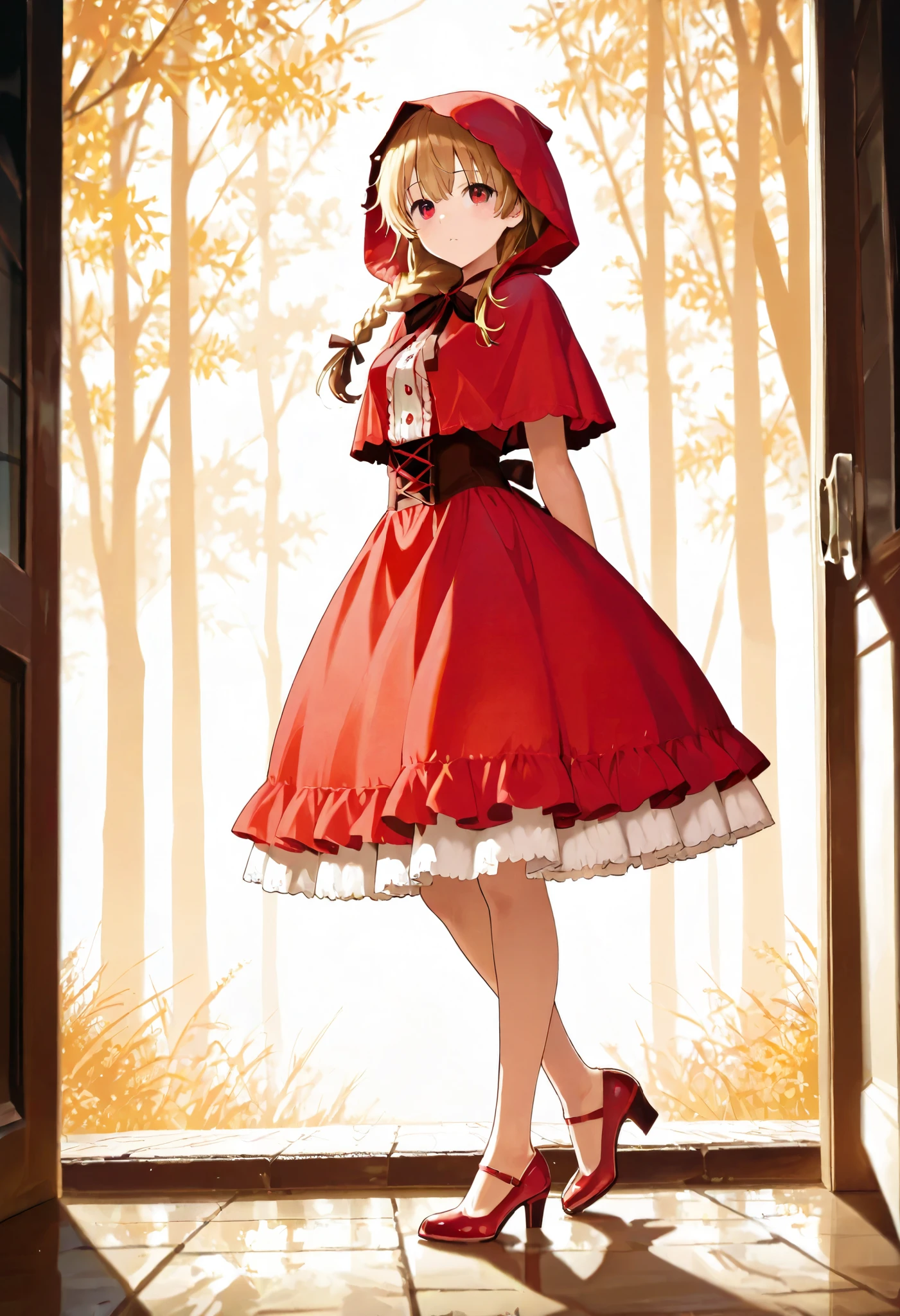 high quality DVD,masterpiece,Alone,girl,golden hair,red eyes, one big braid, Little Red Riding Hood girl,ruffle dress,dark brown ribbon at the waist, red pumps ,