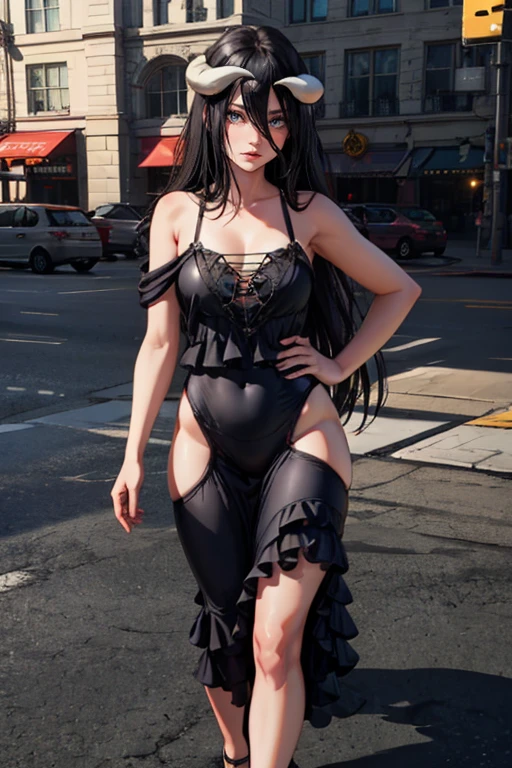 1 babe, blue hair, long hair, black dress, sexy, large breasts, parted lips, slim body, sexy