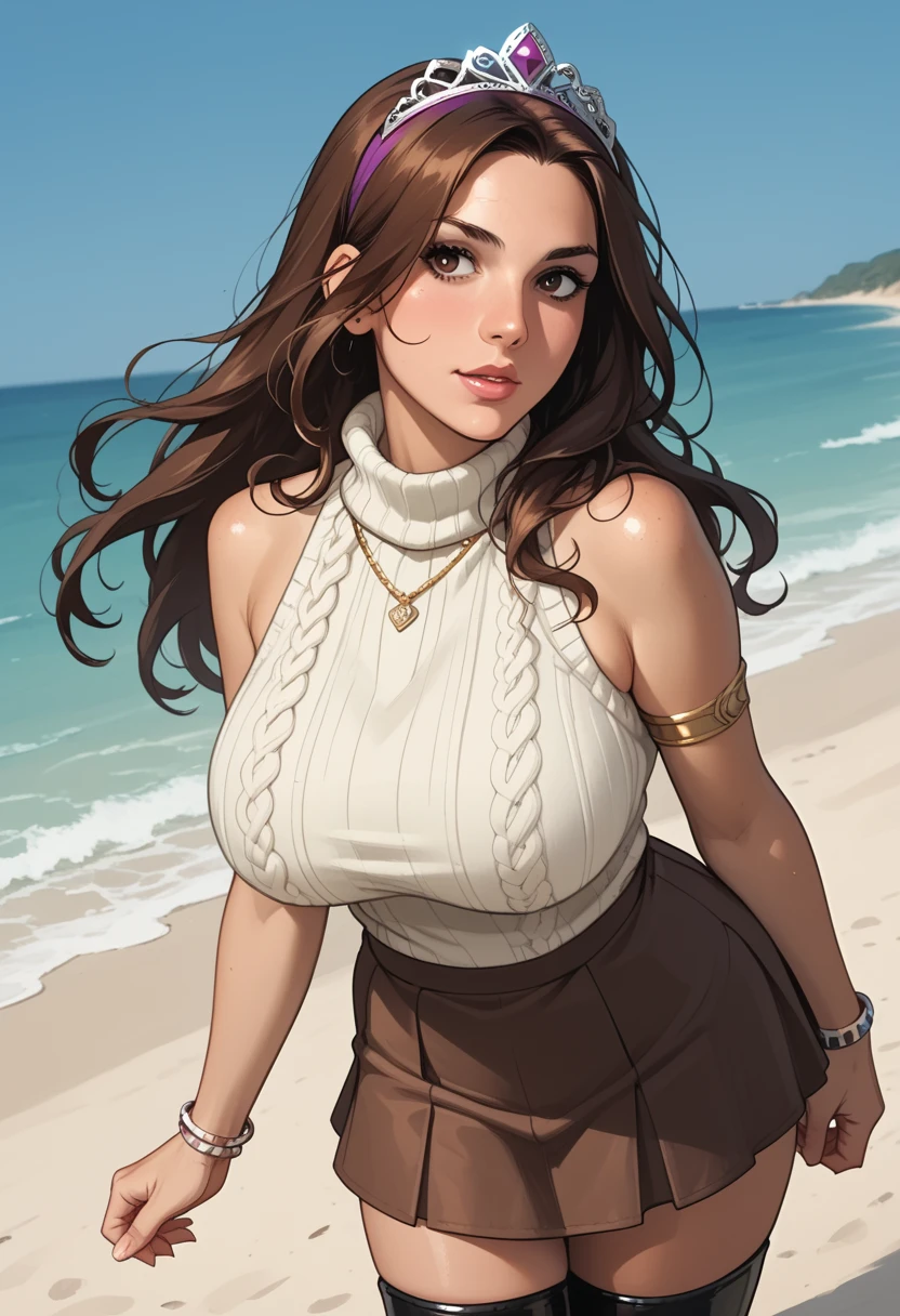 (masterpiece, best quality:1.2), 8k, woman, solo, long hair, dreadlocks, brunette, big breasts, looking at viewer, smile, white top, short jeans