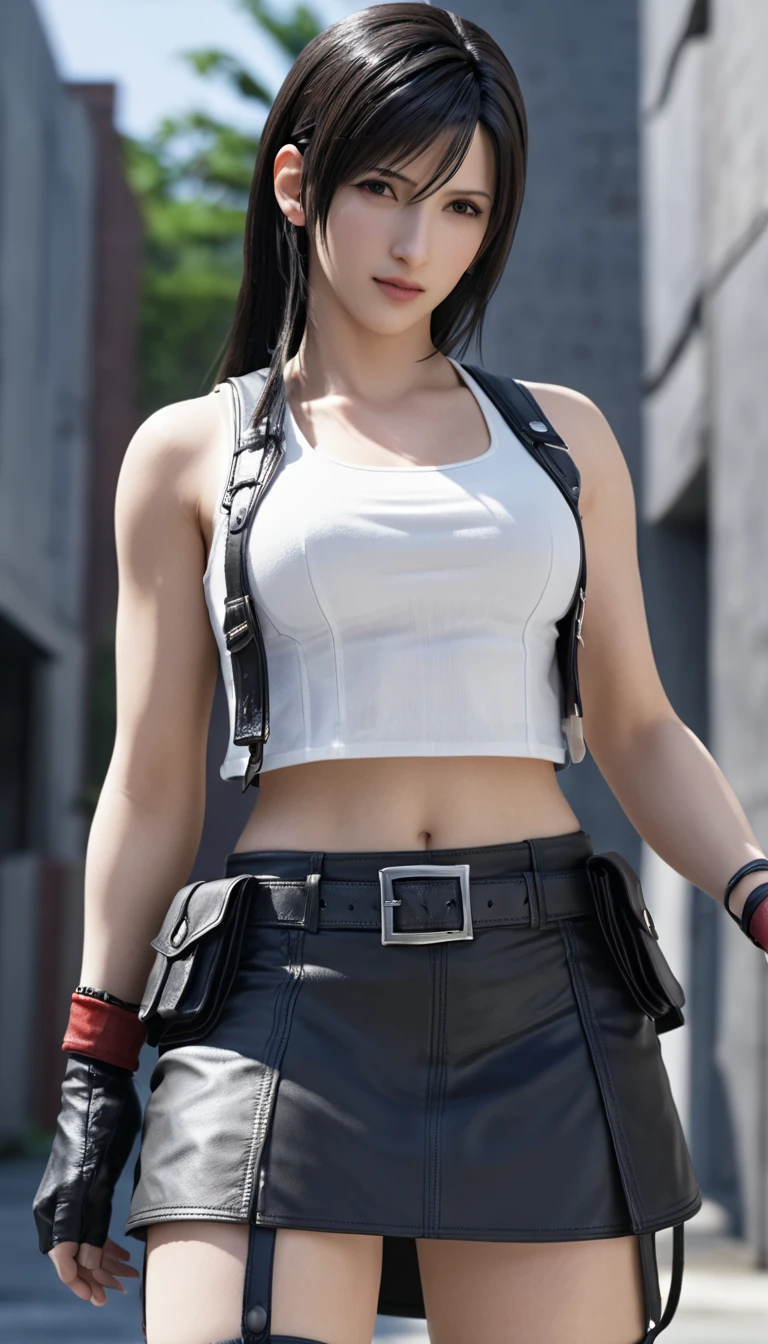 han juri, 1girl, short black hair, purple eyes, eyepatch, hair horns, white crop top, hair over eye,large breasts, bare shoulders,jewelry,belt, pants,fingerless gloves,collar,bracelet,tattoo on chest,toned,spiked bracelet, looking back at viewer, serious, smiling, standing, from behind, hand on hip,outside, city, wall, graffiti