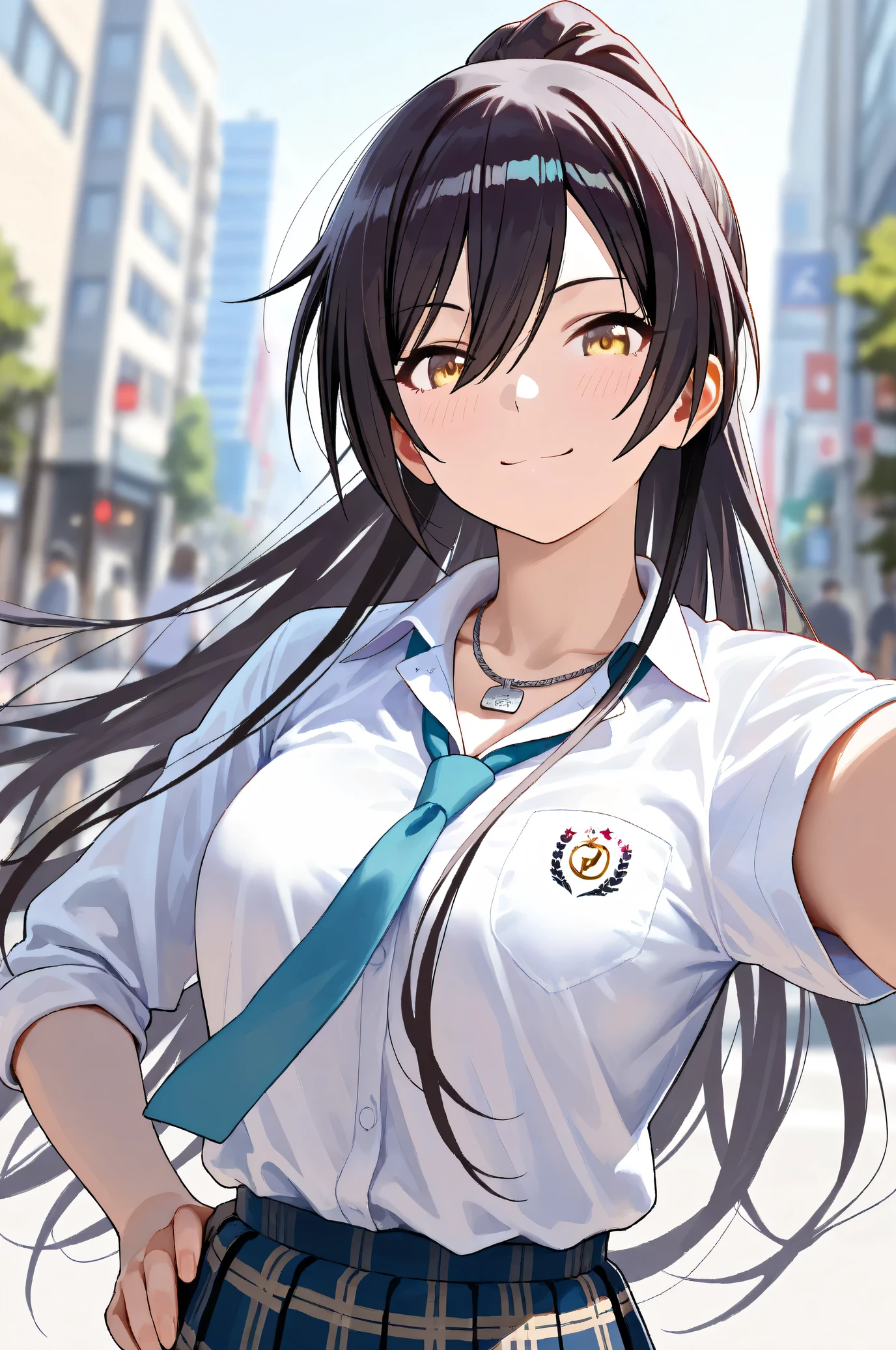 (Masterpiece:1.2), (Highest quality:1.1), (Very detailed),
(The best shape), (Best shadow), (Absurd),
(Detailed Background), (So beautiful), Shiny,
Beautiful eyes in every detail, Extraordinary, Countershading, 8k, 32K, High resolution,
Very Detailed CG, UHD,
Score_9, Score_8_up, Score_7_up, Source_anime,
(Pastel painting:1.2), (Watercolor painting:1.2),
(Masterpiece, Detailed:1.2), (Foreshortening:1.4),
Cinematic, Dramatic, (Depth of field:1.4),
(Blurry background:1.4), (Realistic background:1.4),
1 girl, Solo, Dynamic angle, from below,
Japan, Big city, Outdoor, Street, Wind,
Shirase Sakuya,
The idolmaster shiny colors,
srssky, very long hair, black hair, high ponytail, bangs, hair between eyes, yellow eyes, (large breasts:0.5),
School uniform,
Shirt, Collared shirt, White shirt, Light blue tie,
(Shirt hem out:1.1, DogTag,
(Blush:1.3),
Portrait, Focus on face, Smile,
Standing, Put one left hand on hips,
Realistic skin, Shiny skin,