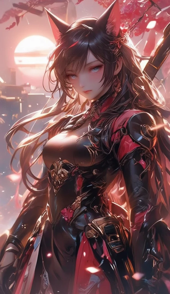 masterpiece,best quality,extremely detailed CG,ultra-detailed,beautiful detailed eyes,1woman,general,demon knight,metal armor,red eyes,random hair,angry smile,sexy makeup,open stance,tatoo,small breast,skinny,dynamic pose,