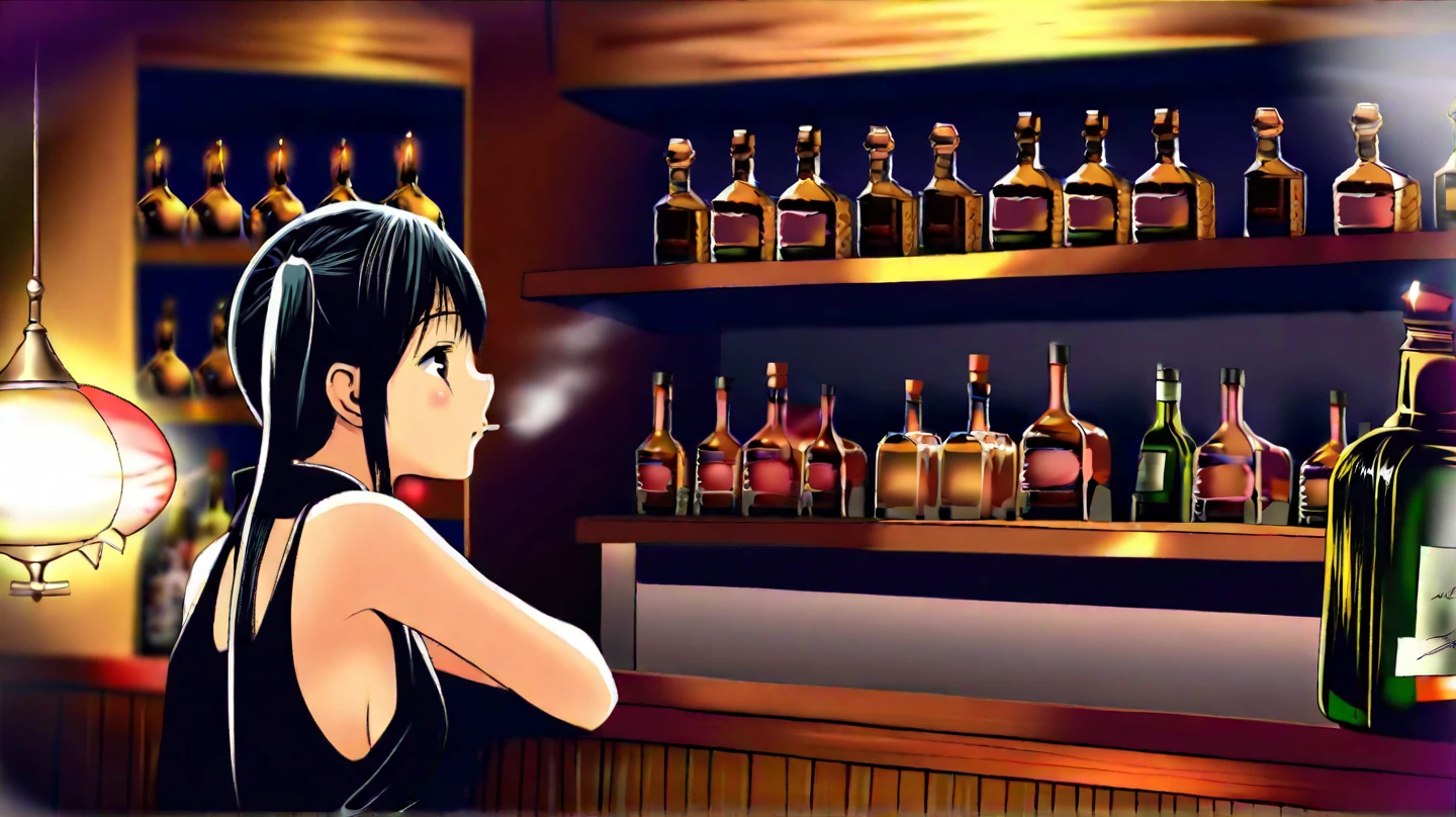 "A beautifully stylized illustration featuring a woman sitting at a bar, holding a glass in her hand. The woman has an elegant and ethereal appearance, with a subtle, wistful expression that conveys a sense of fragility. The bar's ambiance is cozy and chill, with warm, soft lighting that creates a nostalgic atmosphere. The background includes details such as vintage bottles, a wooden counter, and dim lighting, all contributing to a serene and reflective mood that complements the woman's delicate presence."