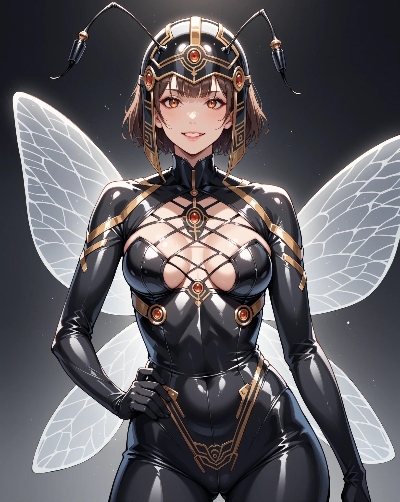 ((best qualityer)), (((Venom outfit))), (((slim))), (Muscles), (((Bettie Page style fringe))), (((Venom sexy))), ((Perfect masterpiece)), (detailded: 1.4), (absurdrez), (((long hair with heavy bangs covering the entire forehead))), (((full body fitness, Venom symbol)), (((short hair woman, blushful))), 21 year old woman, beautiful sexy woman, giant robot pilot, wild with perfect corpo fitness, wearing small mecha battle armor clothes, tiny thong, Shonen manga style, clothing with Japanese cyberpunk graphic patterns, Halftone pattern and vertical stripes, earth tone, exiting the body of a giant robot, (((cowboy shot)))