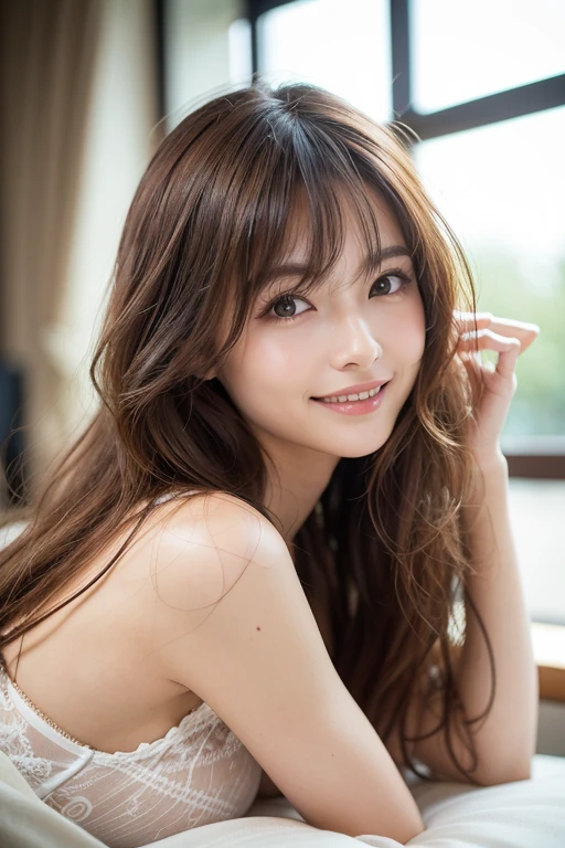 (((8k,Attention to detail,Attention to detail、highest quality,masterpiece,Attention to detail,))),RAW Photos & Realistic atmosphere,Beautiful dark eyes,Mouth Details,Glossy Lips,Thin eyebrows,beautiful Eyes、Soft white skin that shines in every detail、Her deep black eyes are very beautiful, Very beautiful face,Very beautiful face、A vivid face,beautiful, Glowing Lips,beautiful Eyebrows,Infinite Reality, Realistic Young Gravure Idol,Very cute woman , Young Gravure Idol, Young Gravure Idol, とても美しくてかわいいbeautiful 21 year old beauty,Incredibly beautiful and elegant,beautiful 21 year old beauty,Natural soft light,A little brown hair,(Shiny Hair,,beautiful and kind eyes:1.5),A kind smile,Shapely breasts,Medium Long Hair,beautiful posture,No makeup,Watching the Future,In red underwear,