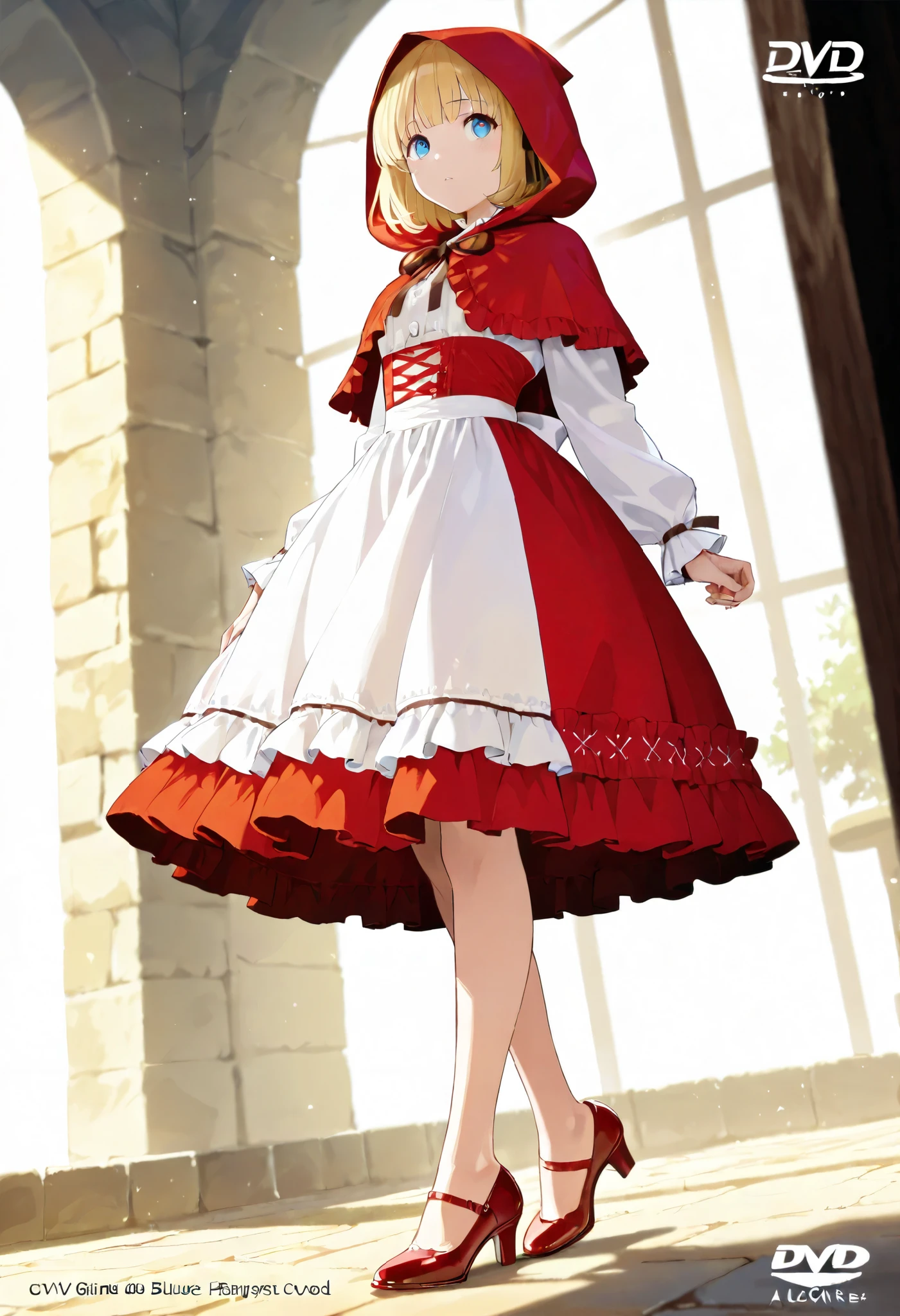 high quality DVD,masterpiece,Alone,girl, blond and blue eyed,bob hair, Little Red Riding Hood girl,ruffle dress,dark brown ribbon at the waist, red pumps ,white shirt,fantasy