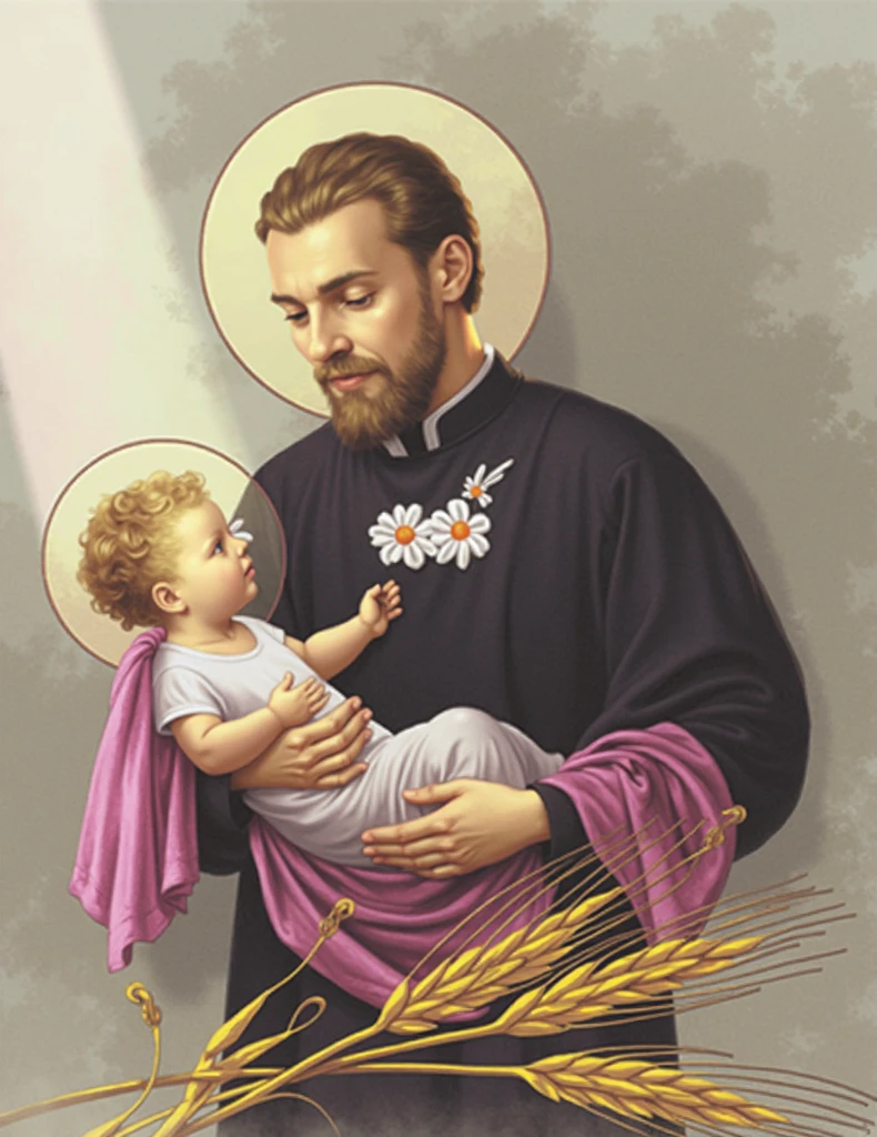 a man in a black robe holding a baby in his arms, com jesus, santo, Catholic.