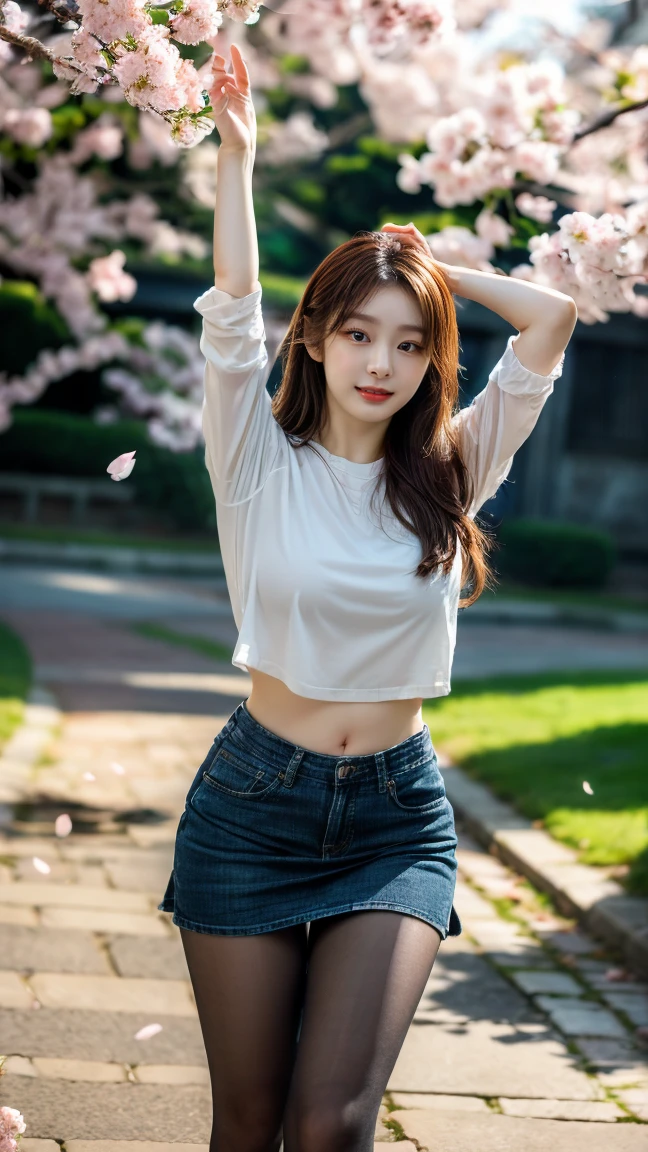 (((best quality))), (((ultra detailed))), (((masterpiece))), illustration,((a beautiful girl,solo)),((slim,thin)),((small breasts,flat chest,claviclis,navel)),(white shirt with blue short sleeves:1.5),(blue mini-skirt:1.3),(slender legs:1.2),dancing,((on a stage,outside a shopping mall, at the entrance of a beer promotional event,on the street)), ((surrounded by crowded crowds)),((her hair and the edges of her skirt fluttering in the air)), the girl's attire reflecting the vibrant spirit of summer, a sense of youthful charm and confidence exuding from her, her hair flows freely in the wind, the fluttering skirt accentuating her graceful movements, her expressive eyes and infectious smile drawing people closer, the stage adorned with colorful decorations, the vibrant atmosphere enhanced by the enthusiasm of the crowd, onlookers of various ages captivated by her performance, clapping, cheering, and taking photos, the girl's graceful dance transforming the ordinary streets into a vibrant and lively venue, her energy and charisma captivating the audience, the scene encapsulating the spirit of summer and the beauty of artistic expression,(night scene:1.3),(from front:1.3)