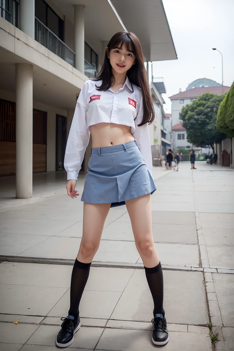 (Best quality, 8k, 32k, Masterpiece, UHD:1.2), (realistic:1.5), (masterpiece, Extremely detailed CG unity 8k wallpaper, best quality, highres:1.2), (ultra detailed, UHD:1.2), hyper sharp focus, Photo of extremely cute and beautiful Korean woman, (Korean idol face:1.3), (mahogany long wavy hair:1.2), adult, (detailed beautiful girl:1.4), best quality, woman, adult, ((spread leg pose)), focus on face, looking at viewer, facing the viewer, ((perfect female body)), (narrow waist:1.05), (cowboy shot), slender, abs, face ring light, face light, detailed human body, (nsfw:1.4), (happy), ((model body)), sexy student, ((thai_girlscout_uniform)), little hairy pussy, ((random location)), (lift her shirt to show her naked breast)