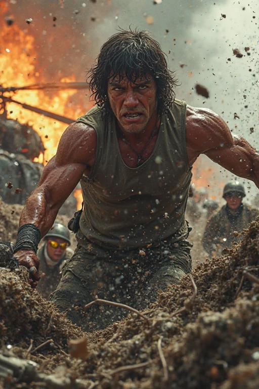 a muscular Silvester stallone, (detailed face,beautiful eyes,beautiful lips:1.2),wearing a torn shirt, fighting a large tentacled Lovecraftian monster in a swampy forest, dark cloudy sky, gritty gory atmosphere, detailed textures, dramatic lighting, (best quality,8k,cinematic,photorealistic,highly detailed:1.4), dark fantasy, moody colors