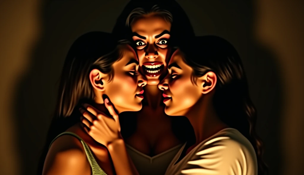 comic image of topless clothed group of three people screaming eyes wide open,mouth wide open and their cerebrum is showing with wires leading to a big top hand